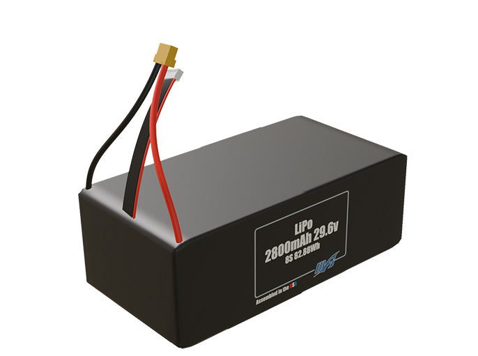 Rendered view of a slim 2800mAh LiPo pack, used in small UAV and defense-grade robotics projects.