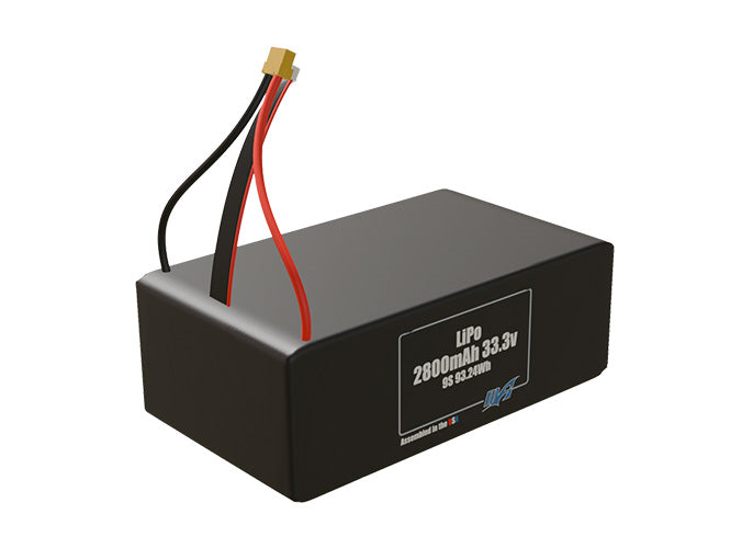 Rendered view of a slim 2800mAh LiPo pack, used in small UAV and defense-grade robotics projects.