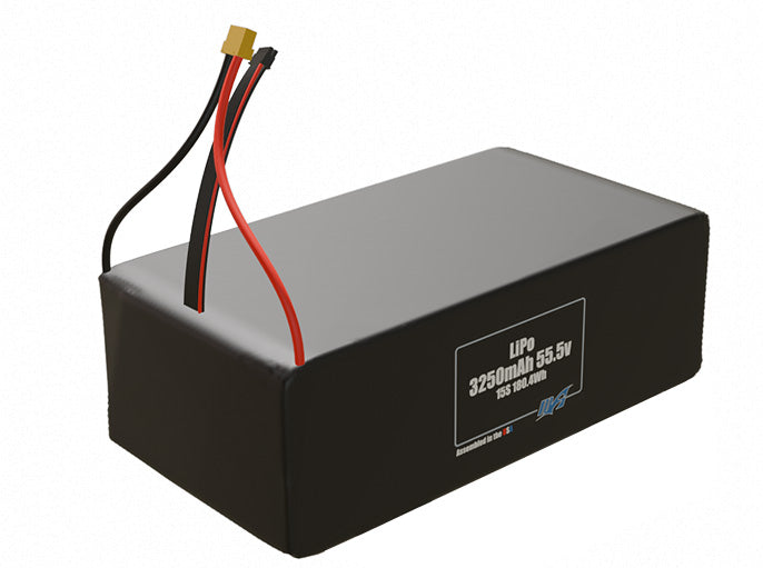 Rendered view of a slim 3250mAh LiPo cell, used in small UAV and defense-grade robotics projects.