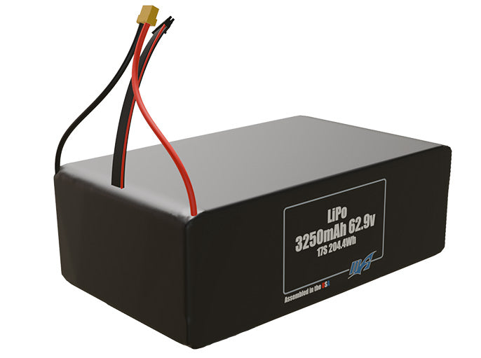 Rendered view of a slim 3250mAh LiPo pack, used in small UAV and defense-grade robotics projects.