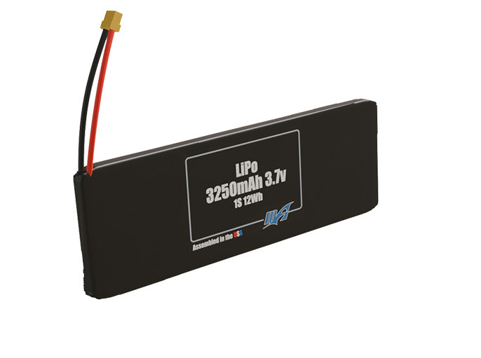 Rendered view of a slim 3250mAh LiPo pack, used in small UAV and defense-grade robotics projects.
