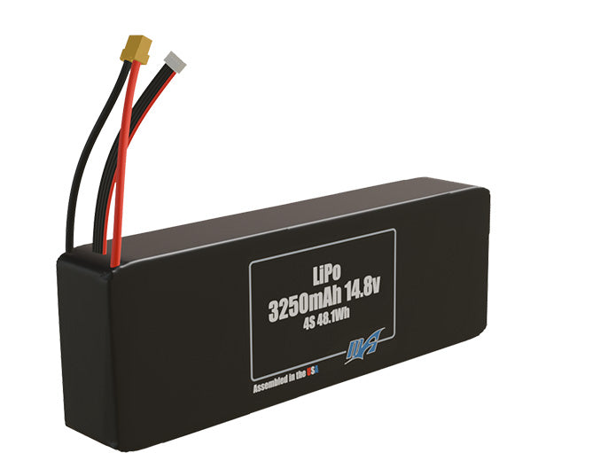 Rendered view of a slim 3250mAh LiPo pack, used in small UAV and defense-grade robotics projects.