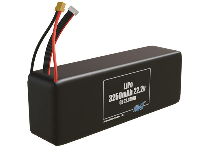 Rendered view of a slim 3250mAh LiPo pack, used in small UAV and defense-grade robotics projects.