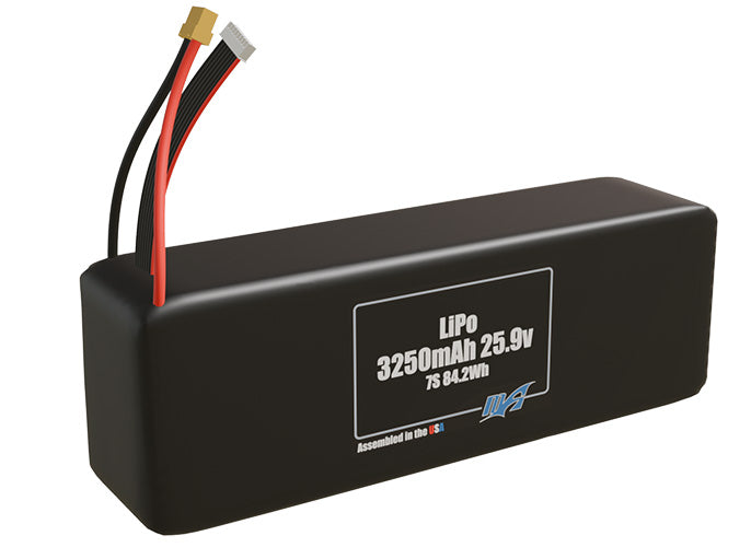 Rendered view of a slim 3250mAh LiPo pack, used in small UAV and defense-grade robotics projects.