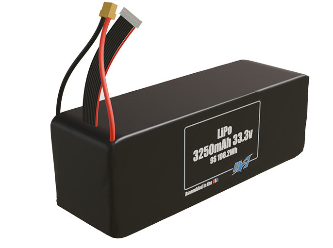 Rendered view of a slim 3250mAh LiPo pack, used in small UAV and defense-grade robotics projects.
