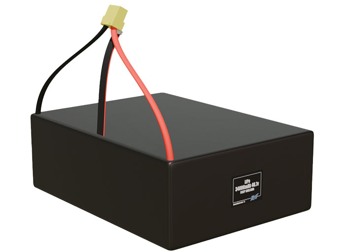 Rendered view of a slim 34000mAh LiPo pack, used in large UAV and defense-grade robotics projects.