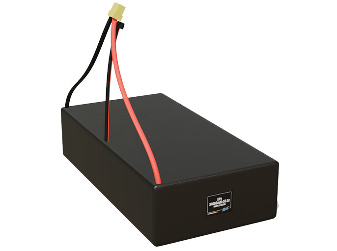 Rendered view of a slim 34000mAh LiPo pack, used in large UAV and defense-grade robotics projects.