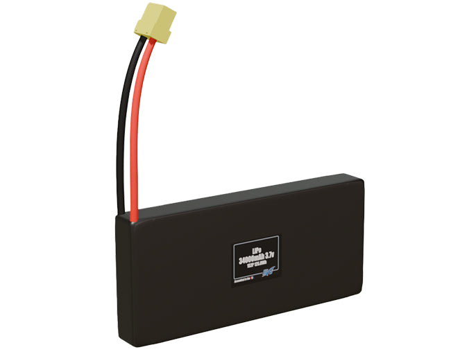 Rendered view of a slim 34000mAh LiPo pack, used in large UAV and defense-grade robotics projects.