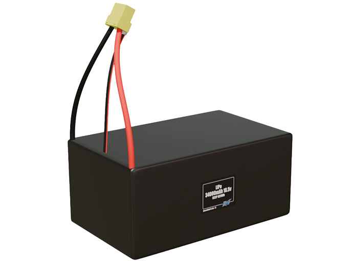 Rendered view of a slim 34000mAh LiPo pack, used in large UAV and defense-grade robotics projects.