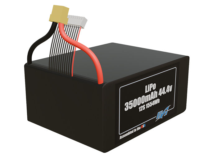 Rendered view of a slim 35000mAh LiPo pack, used in large UAV and defense-grade robotics projects.
