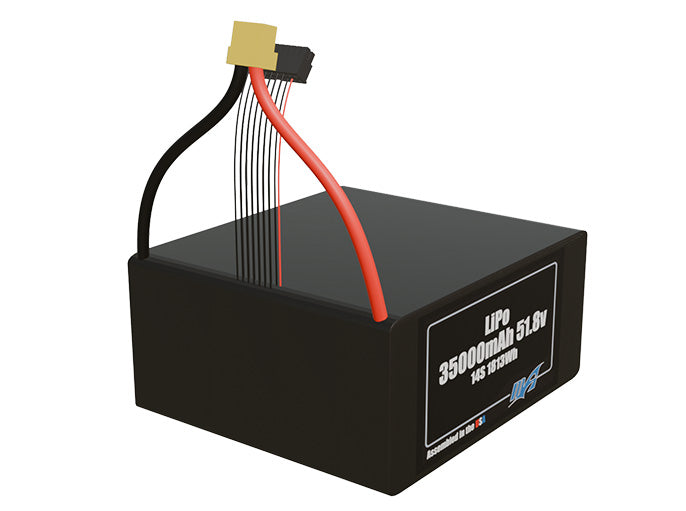Rendered view of a slim 35000mAh LiPo pack, used in large UAV and defense-grade robotics projects.
