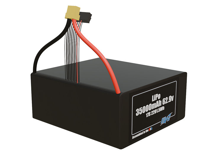 Rendered view of a slim 35000mAh LiPo pack, used in large UAV and defense-grade robotics projects.