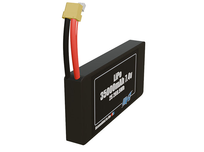 Rendered view of a slim 35000mAh LiPo pack, used in large UAV and defense-grade robotics projects.