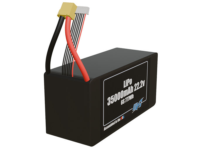 Rendered view of a slim 35000mAh LiPo pack, used in large UAV and defense-grade robotics projects.
