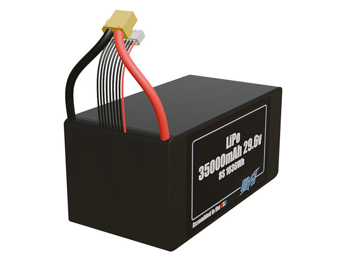 Rendered view of a slim 35000mAh LiPo pack, used in large UAV and defense-grade robotics projects.