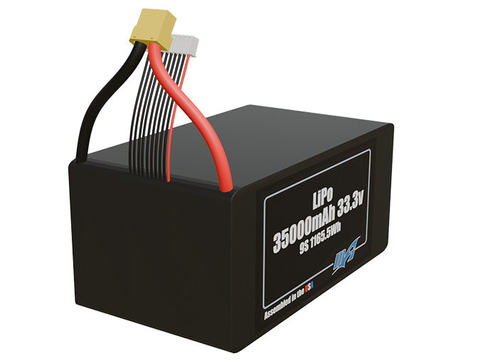Rendered view of a slim 35000mAh LiPo pack, used in large UAV and defense-grade robotics projects.
