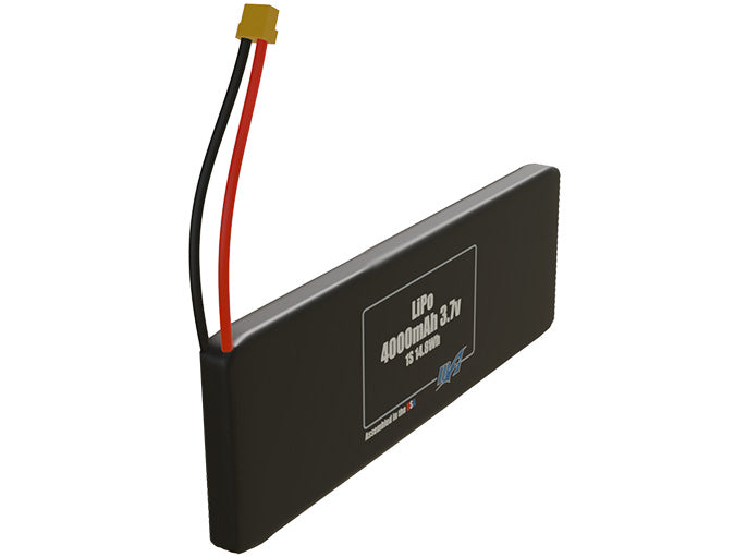 Rendered view of a slim 4000mAh LiPo cell, used in UAV and defense-grade robotics projects.