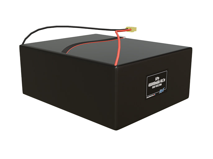 Rendered view of a slim 46000mAh LiPo pack, used in large UAV and defense-grade robotics projects.