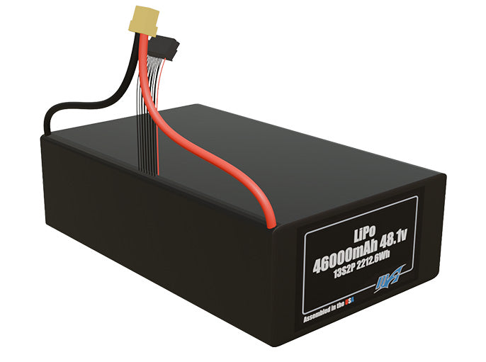 Rendered view of a slim 46000mAh LiPo pack, used in large UAV and defense-grade robotics projects.