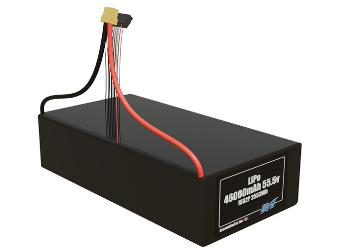 Rendered view of a slim 46000mAh LiPo pack, used in large UAV and defense-grade robotics projects.