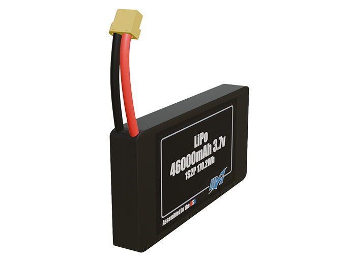 Rendered view of a slim 46000mAh LiPo pack, used in large UAV and defense-grade robotics projects.