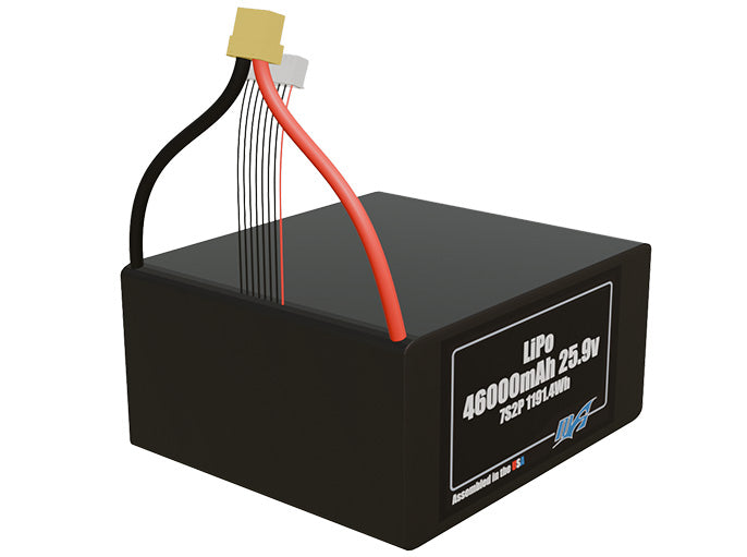 Rendered view of a slim 46000mAh LiPo pack, used in large UAV and defense-grade robotics projects.