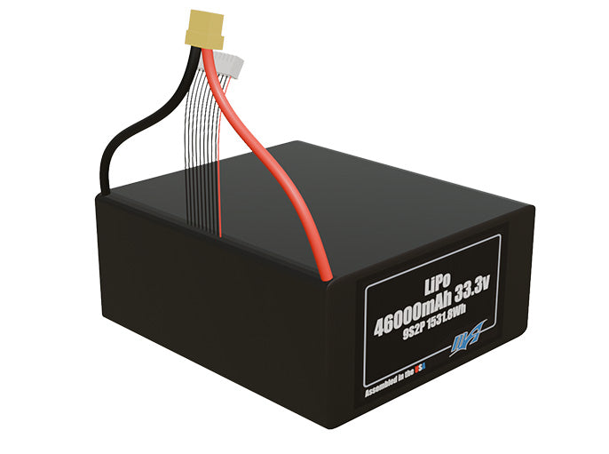 Rendered view of a slim 46000mAh LiPo pack, used in large UAV and defense-grade robotics projects.