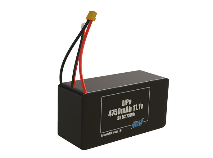 Rendered view of slim 4750mAh LiPo cells, used in UAV and defense-grade robotics projects.