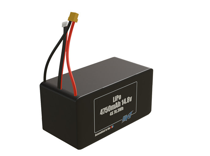 Rendered view of slim 4750mAh LiPo cells, used in UAV and defense-grade robotics projects.