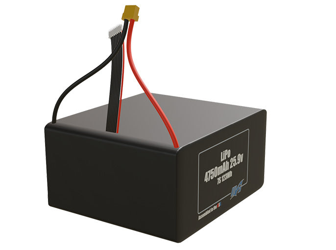 Rendered view of slim 4750mAh LiPo cells, used in UAV and defense-grade robotics projects.