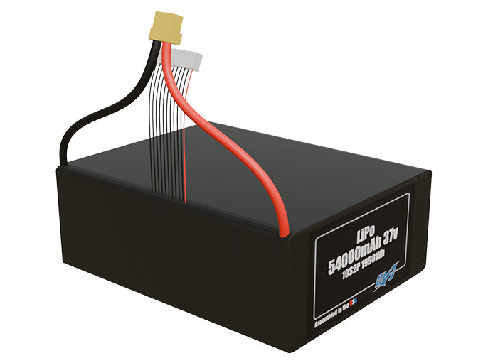 Rendered view of a slim 54000mAh LiPo pack, used in large UAV and defense-grade robotics projects.