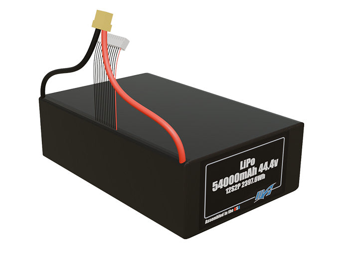 Rendered view of a slim 54000mAh LiPo pack, used in large UAV and defense-grade robotics projects.