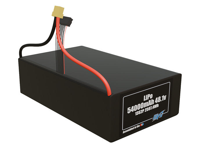 Rendered view of a slim 54000mAh LiPo pack, used in large UAV and defense-grade robotics projects.