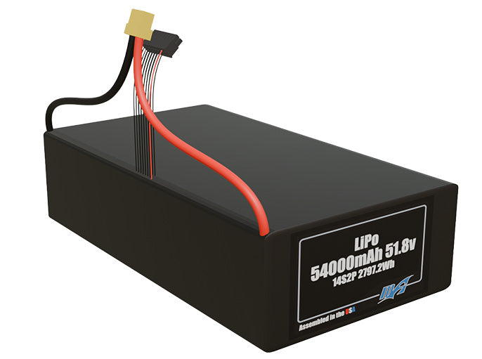 Rendered view of a slim 54000mAh LiPo pack, used in large UAV and defense-grade robotics projects.