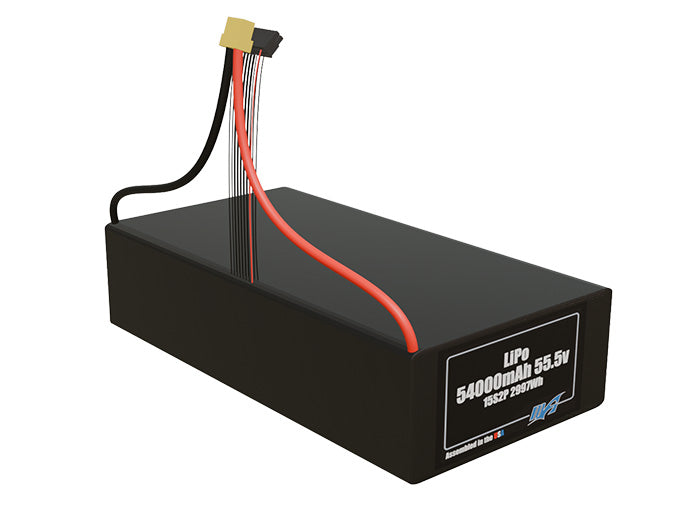 Rendered view of a slim 54000mAh LiPo pack, used in large UAV and defense-grade robotics projects.