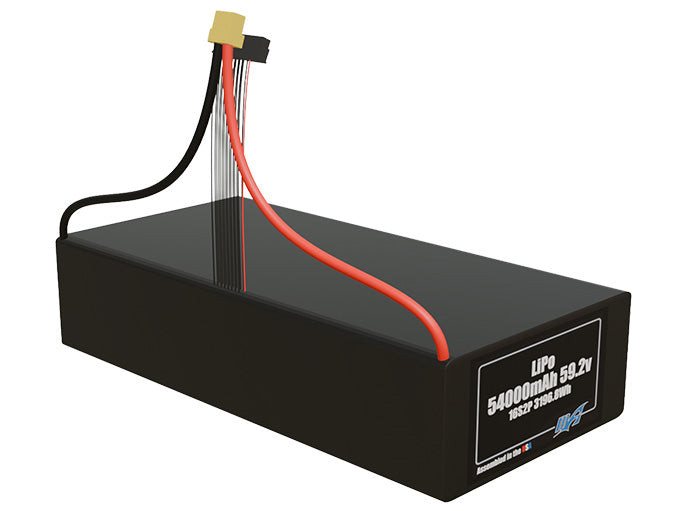 Rendered view of a slim 54000mAh LiPo pack, used in large UAV and defense-grade robotics projects.