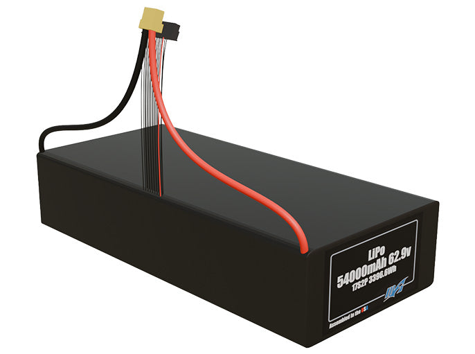 Rendered view of a slim 54000mAh LiPo pack, used in large UAV and defense-grade robotics projects.