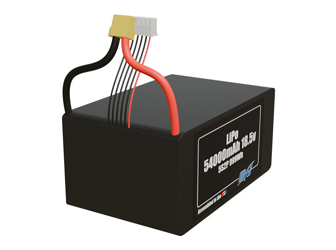 Rendered view of a slim 54000mAh LiPo pack, used in large UAV and defense-grade robotics projects.