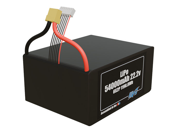 Rendered view of a slim 54000mAh LiPo pack, used in large UAV and defense-grade robotics projects.