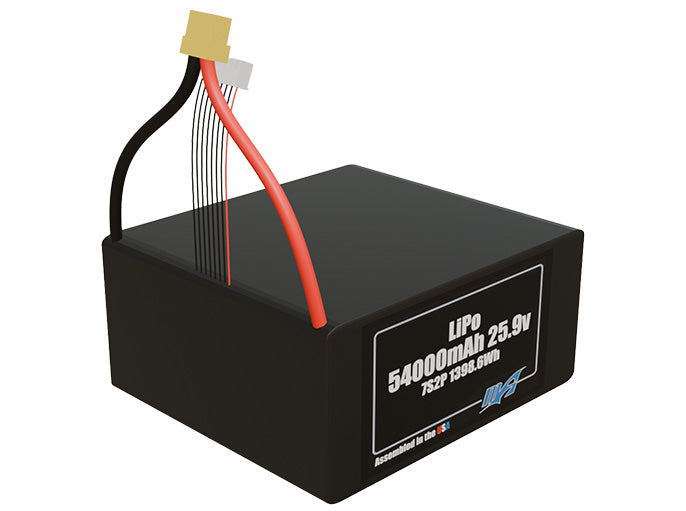 Rendered view of a slim 54000mAh LiPo pack, used in large UAV and defense-grade robotics projects.