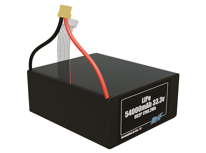Rendered view of a slim 54000mAh LiPo pack, used in large UAV and defense-grade robotics projects.
