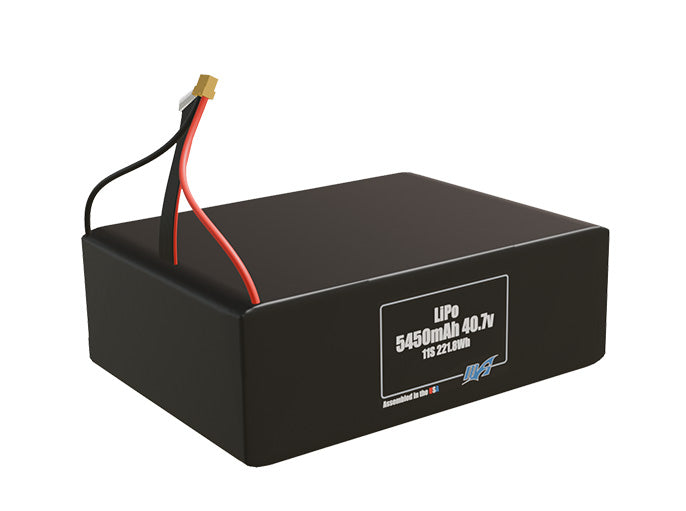 Rendered view of slim 5450mAh LiPo cells, used in UAV and defense-grade robotics projects.