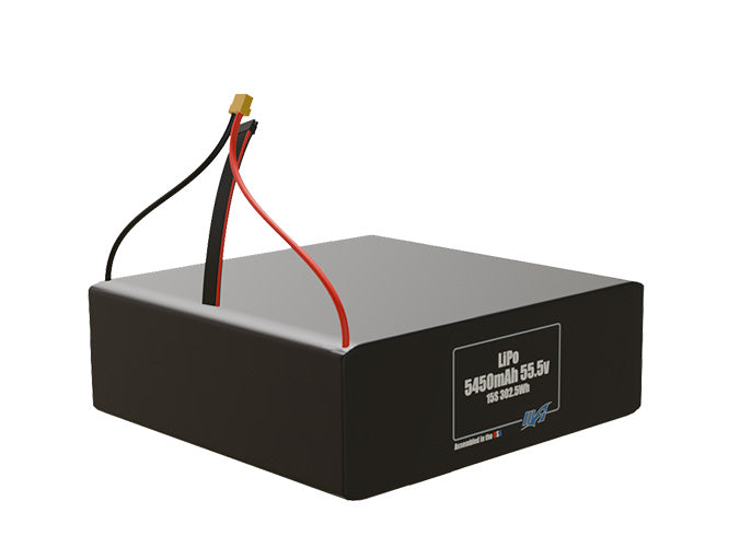 Rendered view of slim 5450mAh LiPo cells, used in UAV and defense-grade robotics projects.