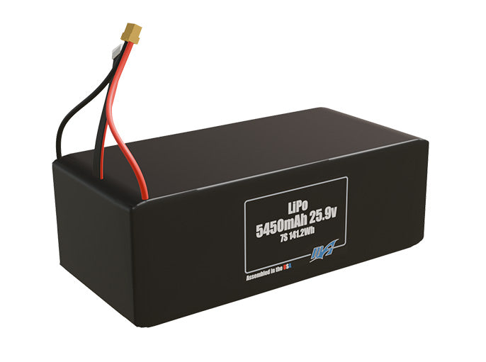 Rendered view of slim 5450mAh LiPo cells, used in UAV and defense-grade robotics projects.