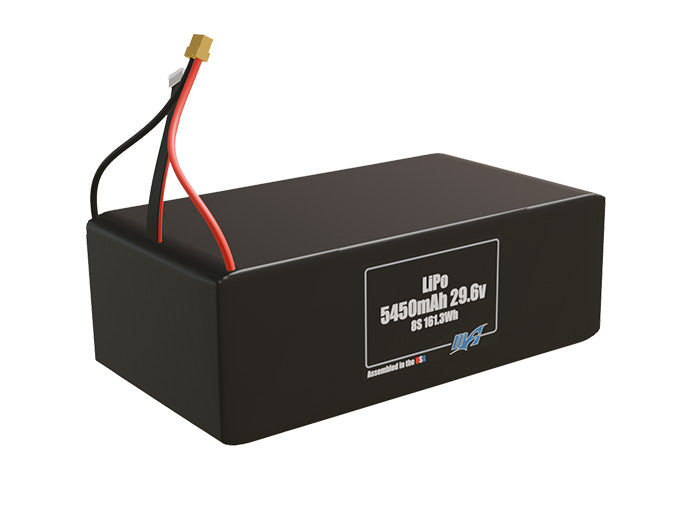 Rendered view of slim 5450mAh LiPo cells, used in UAV and defense-grade robotics projects.