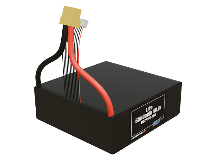 Rendered view of slim 6500mAh LiPo cells, used in UAV and defense-grade robotics projects.