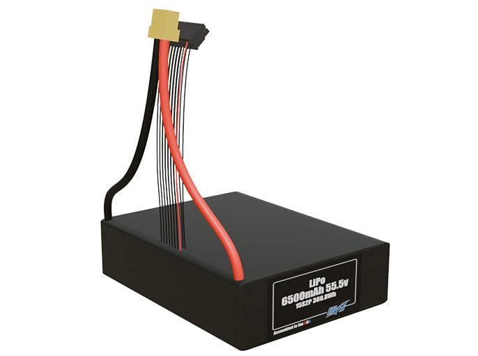 Rendered view of slim 6500mAh LiPo cells, used in UAV and defense-grade robotics projects.