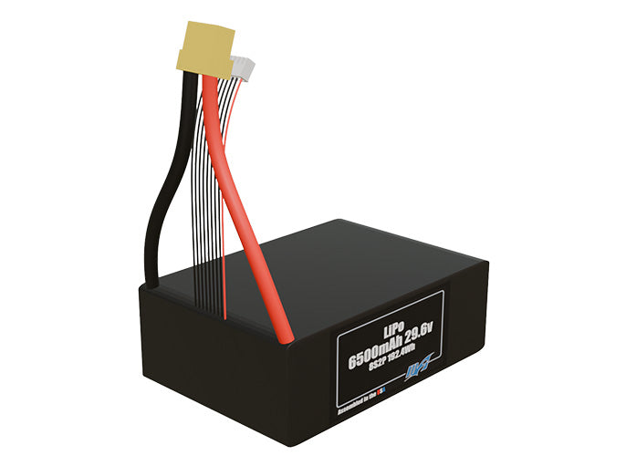 Rendered view of slim 6500mAh LiPo cells, used in UAV and defense-grade robotics projects.