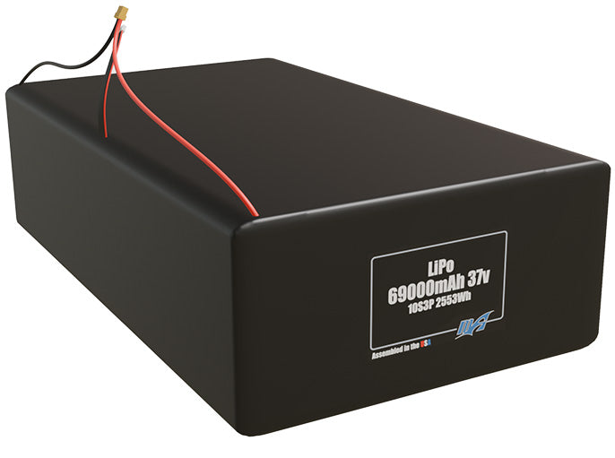 Rendered view of a slim 69000mAh LiPo pack, used in large UAV and defense-grade robotics projects.