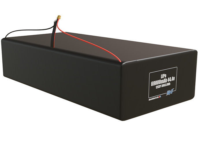 Rendered view of a slim 69000mAh LiPo pack, used in large UAV and defense-grade robotics projects.